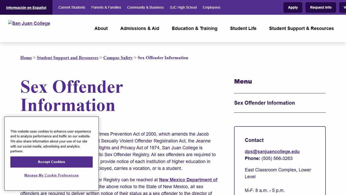 Sex Offender Information San Juan College